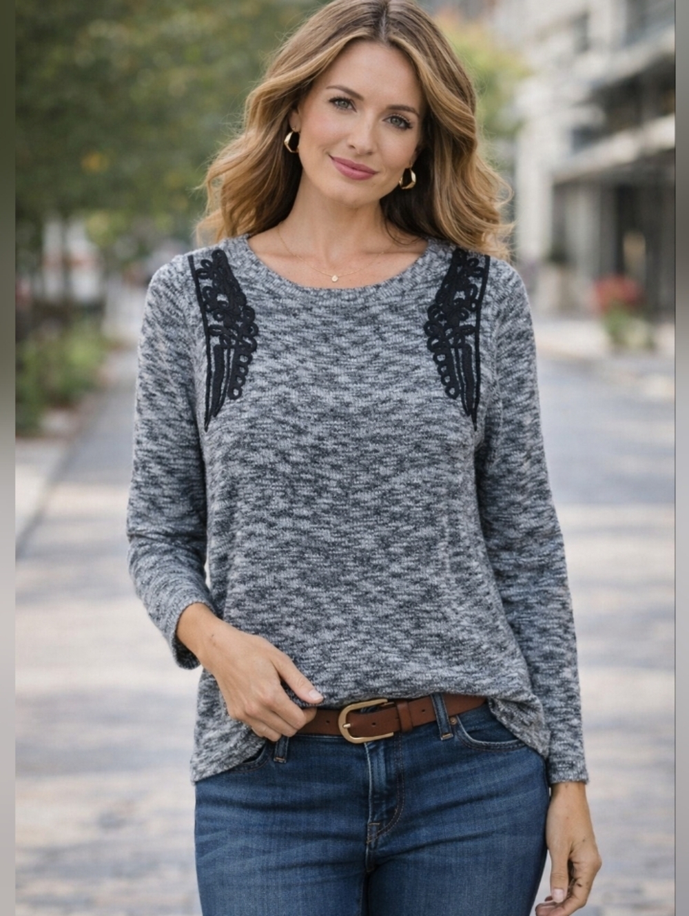 BCX  Marled Lightweight Sweater Top with Crochet Shoulder Detail